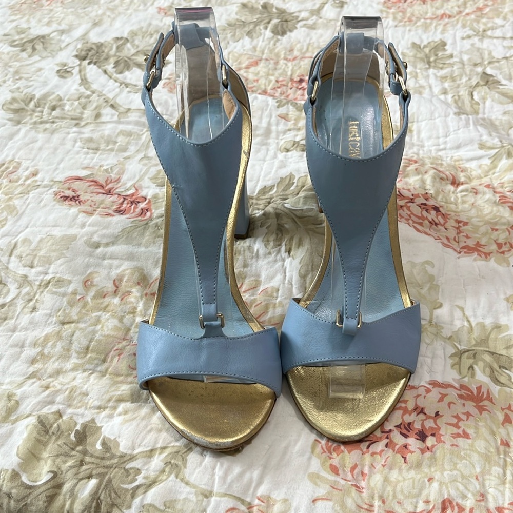 Just Cavalli Baby Blue Leather Chunky Heel‎ Sandals Size 8.5/39